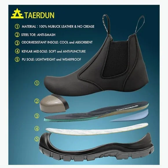 TAERDUN Safety Chelsea Work Boots Men’s 7.5 Black Slip/Oil Resistant Steel-Toe - Picture 4 of 8